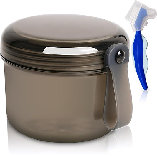 Denture Bath Case Box, Leak Proof Denture Cups for Soaking Full & Partial Dentures, Retainers,Dishwasher safe,with Hard Denture Brush & Denture Toothbrush Cover (Transparent Black)
