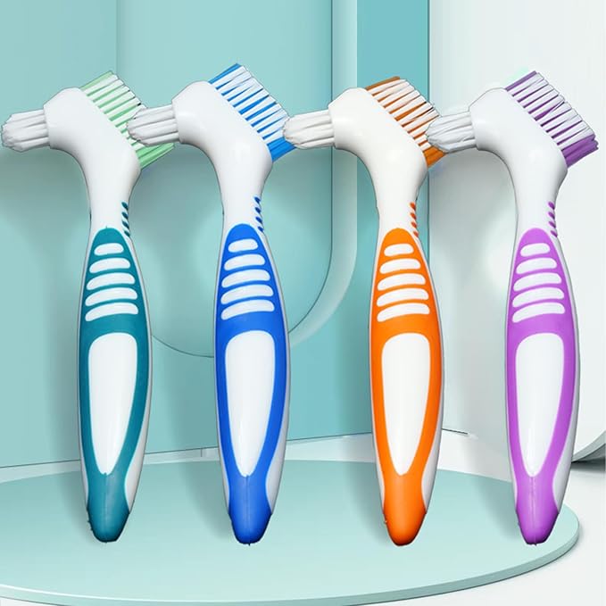 Denture Brush Dual Head Toothbrushes False Teeth Brush Denture Cleaning Kit Toothbrush (Purple Green Blue Orange)