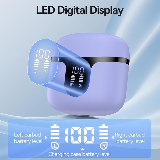 Wireless Earbuds, 2025 Bluetooth 5.3 Headphones HiFi Stereo 50H Playback Ear Buds with Led Digital Display, ENC Noise Cancelling Earbuds for Laptop Computer, iOS, Android, Purple-StrideForce Fitness