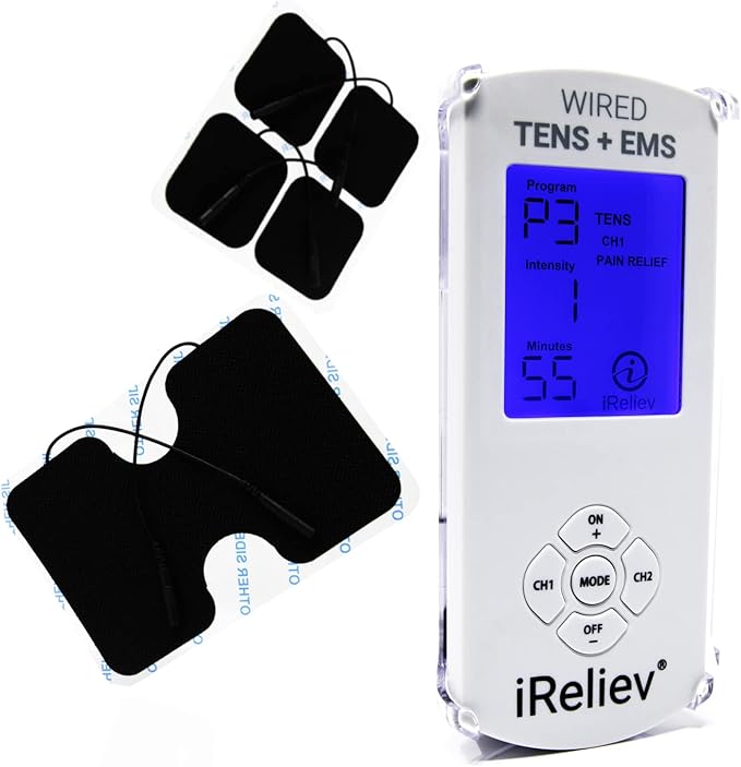iReliev TENS Unit + EMS Muscle Stimulator Comes with 14 Therapy Modes, Premium Pain Relief and Recovery System, Rechargeable, Large Back Lit Display, Large and Small Electrode Pads-StrideForce Fitness