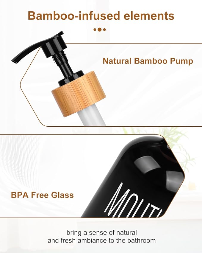 Pump Mouthwash Dispenser, Glass Mouthwash Container for Bathroom Countertop, Mouth Wash Bottle Decanter, Black, Printed Font