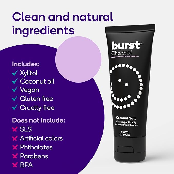 BURST Charcoal Whitening Toothpaste for Adults (4.7oz) | for Sensitive Teeth with Cavity Fighting Fluoride & Xylitol |Vegan | Gluten & SLS Free | Coconut Salt