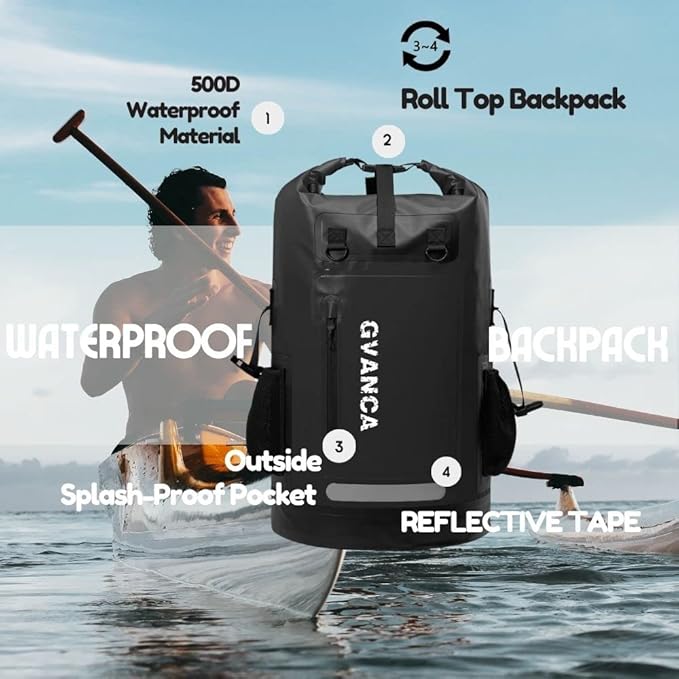 Waterproof Roll Top Kayak Dry Backpack, Floating Outdoor Dry Sack Boating Sailing Canoeing Rafting Fishing Camping 55L Black-StrideForce Fitness