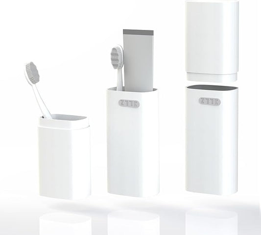 Ventilated Compact White Toothbrush Travel Case, Portable Toothbrush & Toothpaste Holder Cover Organizer Container with Mouthwash Cup for School, Camping, Business Trips, Bathroom Storage