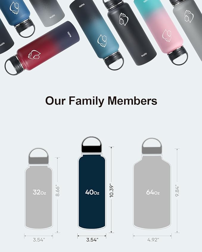 BUZIO 40 oz Water Bottle Insulated with Straw & 3 lid and Carrying Pouch, Leak Proof Anti-Slip Stainless Steel Water Flask Jug, Cold for 48 Hrs Double Vacuum Thermo Canteen, BPA-Free, Shadow-StrideForce Fitness