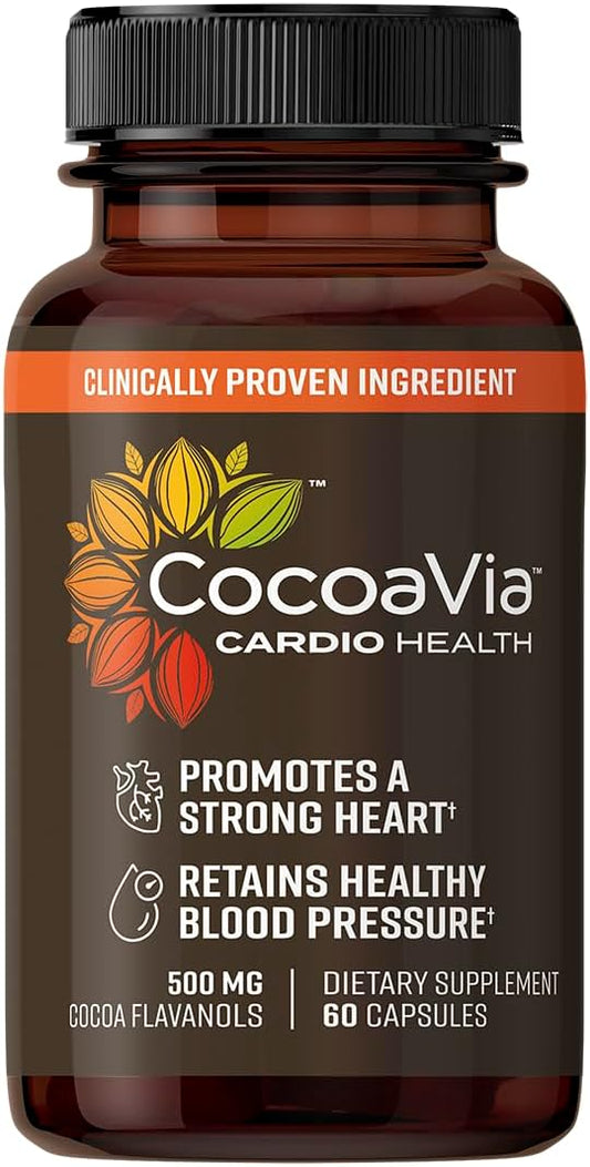 CocoaVia Cardio Health Supplement, 30 Day, 500mg Cocoa Flavanols, Support Heart Health, Boost Nitric Oxide, Blood Circulation, Energy, Vegan, Dark Chocolate, 60 Capsules-StrideForce Fitness