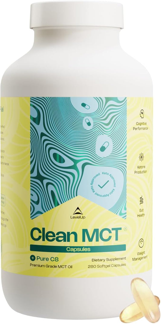 LevelUp Clean MCT Oil Capsules - 100% Caprylic C8 for Energy, Focus, Weight Management, Gut Health, Brain Superfuel - Keto Supplement for Ketogenic Diet and Ketones - Non-GMO (280 Count)-StrideForce Fitness