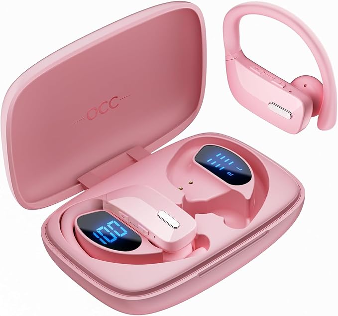 Wireless Sport Earbuds Bluetooth Headphones with Mic 80H Playtime IPX5 Waterproof Ear Buds Deep Bass Earphones Over Ear Headset for Running Gym Workout - Pink-StrideForce Fitness