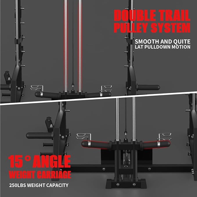 Smith Machine, Power Rack with LAT Pulldown System, Power Cage with Cable System, Squat Rack for Home Gym with Chest Press Machine, Spotter Arms, Leg Curl Attachment and More-StrideForce Fitness