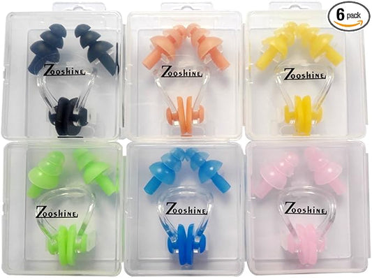 Zooshine 6 Sets Waterproof Silicone Swimming Earplugs Nose Clip Plugs,Ear & Nose Protector Swimming Sets Box Package-StrideForce Fitness