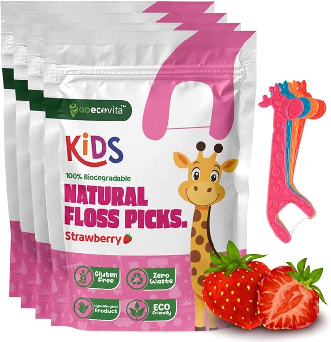 Biodegradable Kids Flossers - Dental Floss Picks for Children | Fluoride & Plastic-Free | Colorful & Fun Animal Floss Sticks | Eco Friendly, Vegan, Natural (Strawberry - 200 Pack)