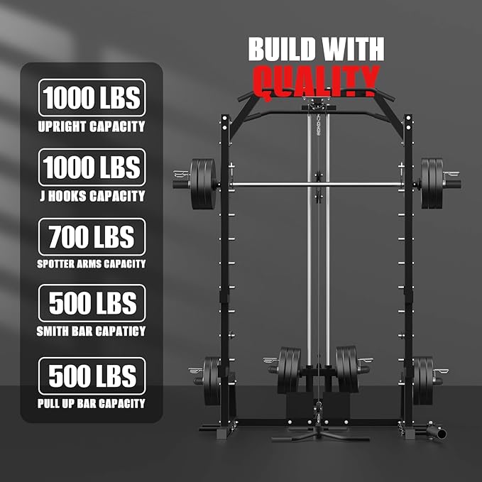 Smith Machine, Power Rack with LAT Pulldown System, Power Cage with Cable System, Squat Rack for Home Gym with Chest Press Machine, Spotter Arms, Leg Curl Attachment and More-StrideForce Fitness