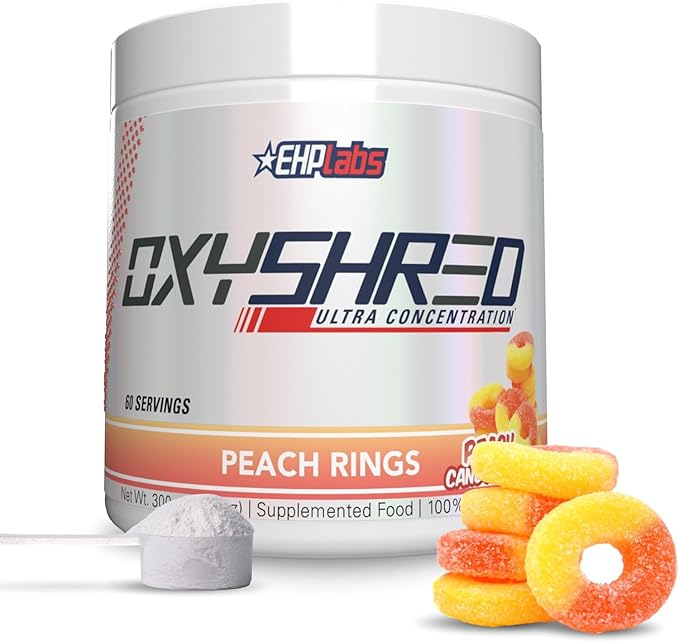 EHP Labs OxyShred Pre Workout Powder - Preworkout Powder with L Glutamine & Acetyl L Carnitine, Energy Boost Drink - Peach Candy Rings, 60 Servings-StrideForce Fitness