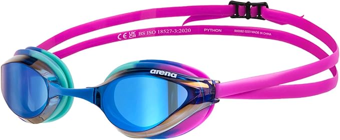 ARENA Unisex Python Racing Swim Goggles for Men and Women Anti-Fog No Leak Max Comfort Dual Strap, Mirror/Non-Mirror Lens-StrideForce Fitness