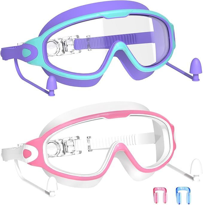 Swim Goggles for Kids 3-15 with Earplugs Large Frame Anti-Fog/UV Swimming Goggles for Boys Girls Toddler 2PCS-StrideForce Fitness