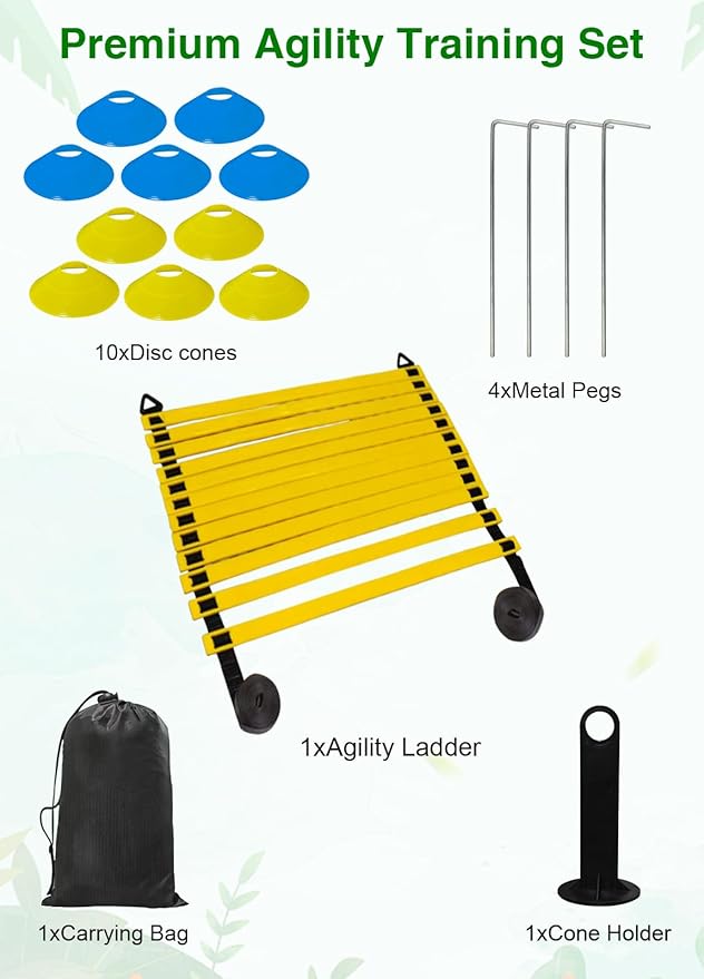 Speed Agility Training Equipment Set - 20ft Agility Ladder, 10 Disc Cones, Resistance Parachute, 5 Resistance Bands & Carry Bag | Football Soccer Basketball Fitness Drills for Kids Adults