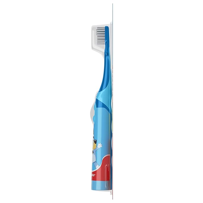 Colgate Kids Battery Powered Toothbrush With AA Battery, Extra Soft Bristles, Flat-Laying Handle to Prevent Rolling, Bluey, 2 Pack