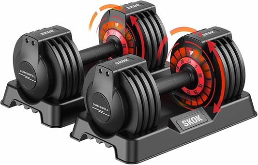 SKOK 25/55 lbs Pair Adjustable Dumbbells Set, Adjustable Weights Dumbbells Set for Men and Women with Anti-Slip Fast Adjust Weight by Turning Handle,Black Dumbbell with Tray-StrideForce Fitness