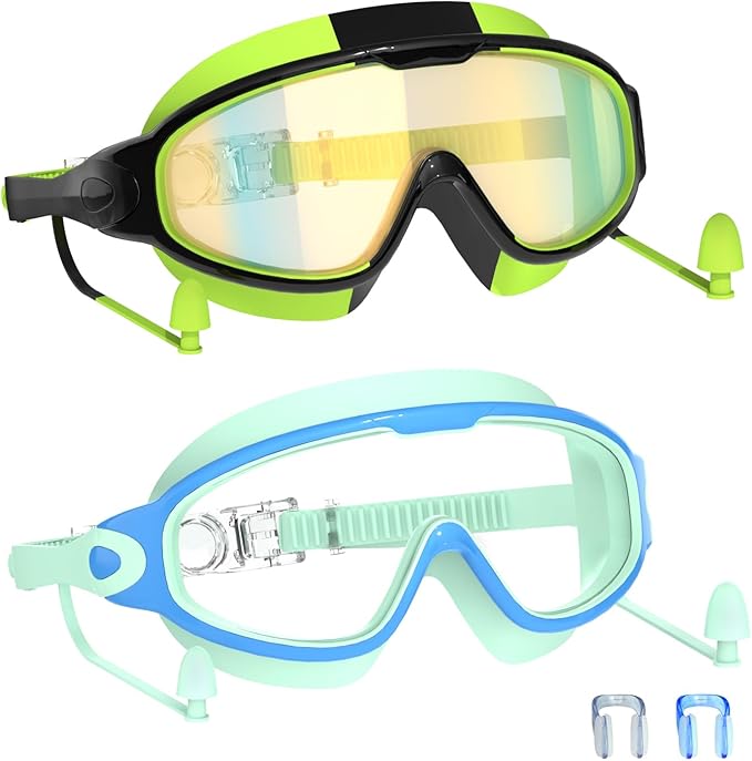 Swim Goggles for Kids 3-15 with Earplugs Large Frame Anti-Fog/UV Swimming Goggles for Boys Girls Toddler 2PCS-StrideForce Fitness