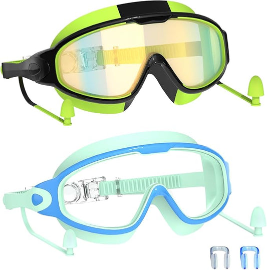 Swim Goggles for Kids 3-15 with Earplugs Large Frame Anti-Fog/UV Swimming Goggles for Boys Girls Toddler 2PCS-StrideForce Fitness