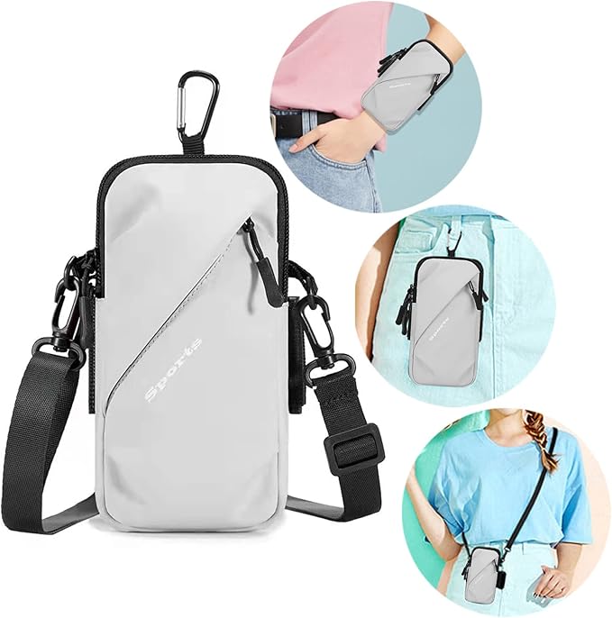 Phone Holder, Small Crossbody Shoulder Holsters Bag with Arm Band, Fits iPhone and Android, Use for Running, Walking, Hiking & Biking (6.7 Inches, Grayish White)-StrideForce Fitness