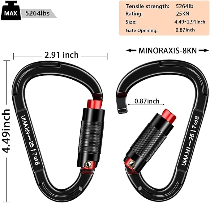 Auto Locking Carabiner Heavy Duty Carabiner 25kN UIAA Certified Climbing Carabiner Climbing Equipment Safety Carabiners for Rappelling, Hammocks, Rescue, Dog Leash, Swing-StrideForce Fitness