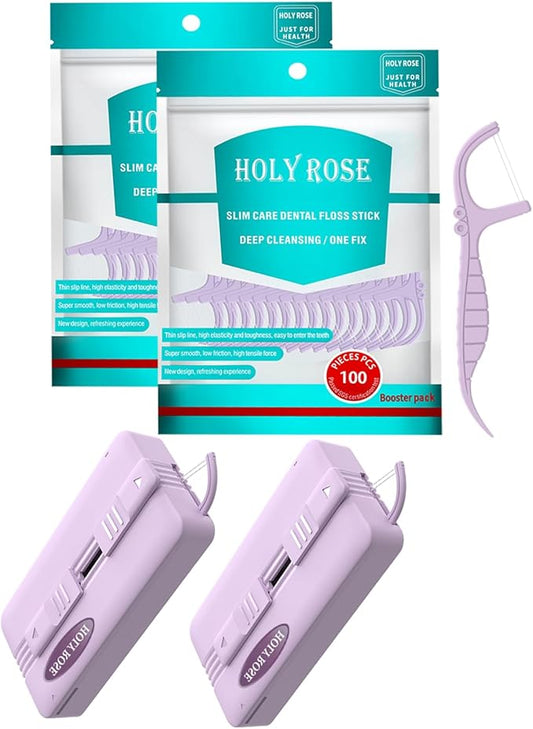 Holy Rose Dental Floss Picks Portable Dispenser - 220 Count Twin-Line Flossers, Bagged Super Tuffloss, Double-line Design Action System for Superior Clean, Compact Design for Easy Storage