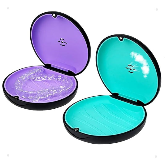 2 Pack Retainer Case,Aligner Case with Vent Holes, Compatible with Invisalign, Mouth Guard Cases，Portable Slim Travel Cute Orthodontic Retainer Cases (Black Purple+Black Cyan)