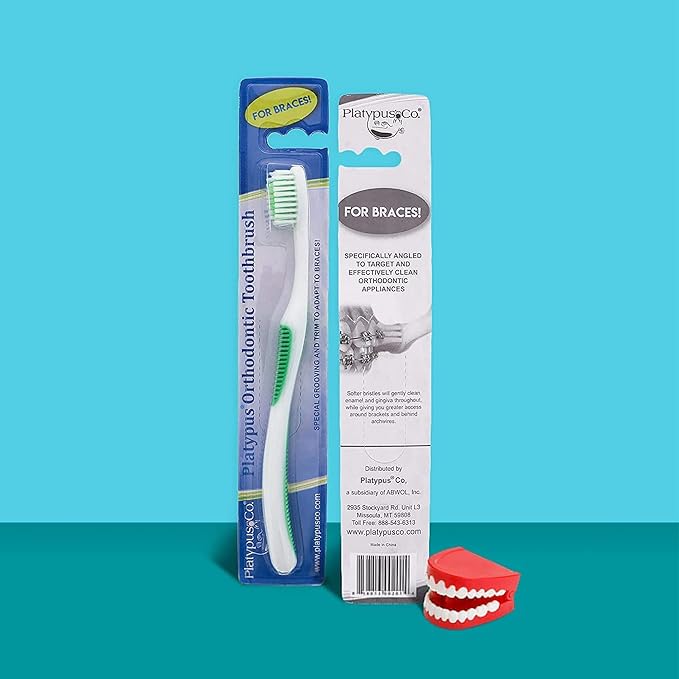 Platypus Orthodontic Toothbrush for Braces | Soft Bristle Braces Toothbrush for Adults & Kids | Angled Bristles for Better Access Around Brackets and Archwires, Comfort Silicone Grip | 1 Count