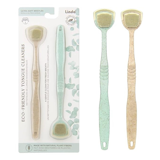 Lindo Eco-Friendly Tongue Cleaners, Tongue Scrapers, Oral Care Cleaners, Reduce Bad Breath, Soft Silicone Bristles, Natural, Vegan, 2 Pack