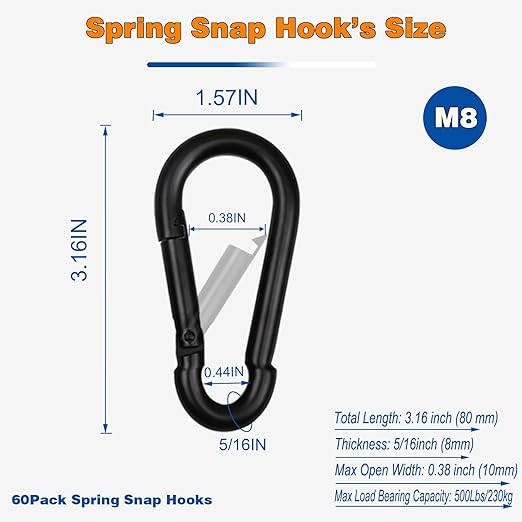 60PCS 3'' Spring Snap Hook Carabiners, M8 5/16Inch Galvanized Steel Quick Link Carabiner Clips, Heavy Duty Spring Clips Link Buckle for Outdoors Fishing Camping Hammock Dog Leashes,Black-StrideForce Fitness