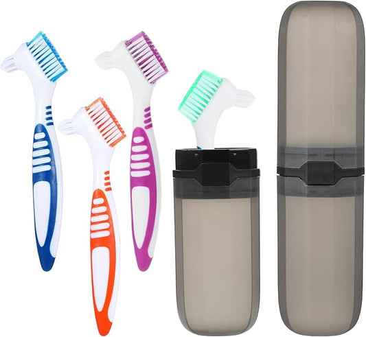 Denture Brush, 4 Pcs Dual Angled Denture Toothbrushes with Black Carrying Case, Portable False Teeth Care Cleaning Brush with Multi-Layered Soft Bristles (Purple, Green, Blue, Orange)