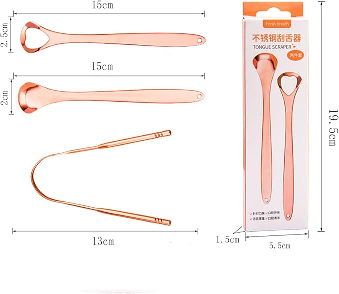 3 Packs Tongue Scraper Kit Stainless Steel Tongue Cleaner Tongue Brush for Reduce Bad Breath and Fresh Breath (Rose Gold)
