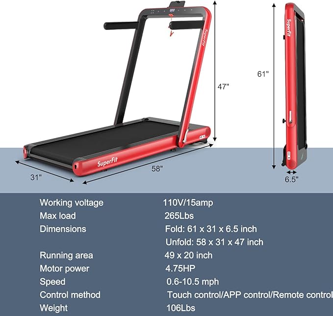 GYMAX Walking Pad, 4.75HP Under Desk Treadmill with LED Touch Screen, App Control, Built-in Speaker & Handle, 2 in 1 Folding Compact Portable Treadmill for Home Small Space-StrideForce Fitness