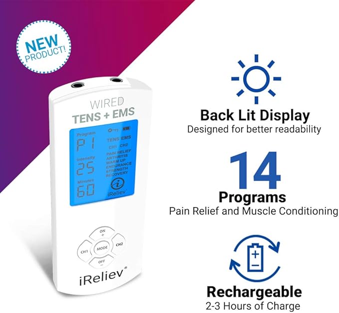 iReliev TENS Unit + EMS Muscle Stimulator Comes with 14 Therapy Modes, Premium Pain Relief and Recovery System, Rechargeable, Large Back Lit Display, Large and Small Electrode Pads-StrideForce Fitness