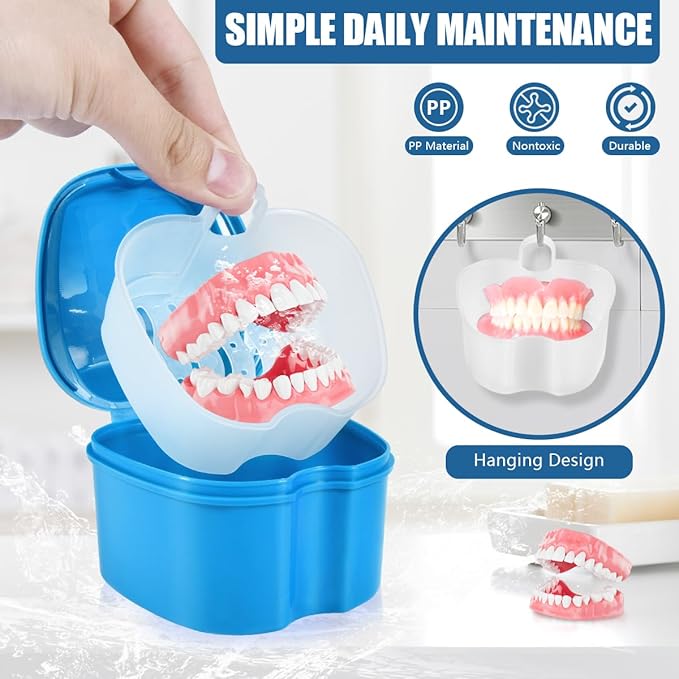 2 Pack Denture Bath Case Cup Box Holder Storage Container with Denture Cleaner Brush Strainer Basket for Travel Cleaning (Light Blue and Purple)