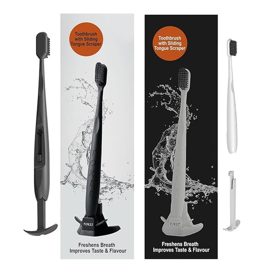 TOKII Tongue Scraper Cleaner Charcoal Bristles Toothbrush for Bad Breath with Waterproof Pouch for Travel, Hygienic Stand and Enviromentally Friendly