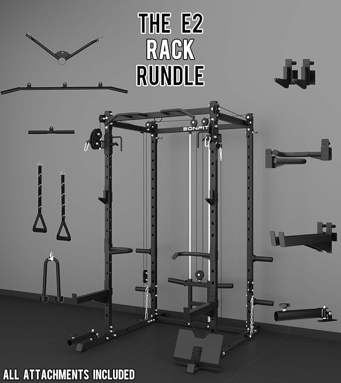 Eonfit E2 Power Cage，1500LB Squat Rack with Cable Crossover System.Multi-Function Power Rack for Home Gum.All-in-One Squat Rack with More Training Attachments-StrideForce Fitness