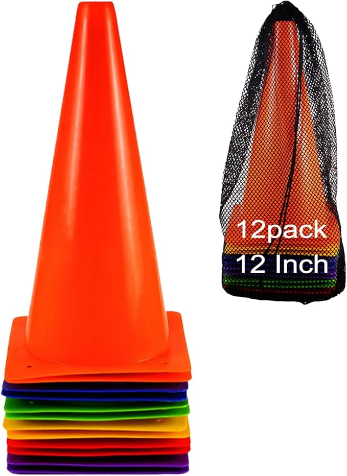 12 Inch Traffic Training Cones, 12 Pack Cones Sports Training Agility Plastic Safety Parking Cones, Agility Field Marker Cones for Soccer Basketball Football, Outdoor Sport Activity-StrideForce Fitness