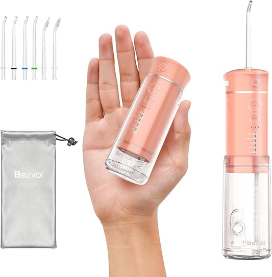 Water Flosser Mini Cordless Portable: 5 Modes Water Dental Floss with Telescopic Water Tank, 6 Tips, IPX7 Waterproof Oral Irrigator for Teeth Cleaning Gums,Orthodontic,Braces Dental Care (Peach Fuzz)