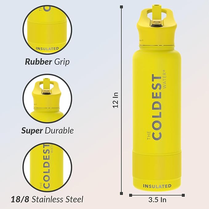 Coldest Insulated Water Bottle with Straw Lid - Stainless Steel Metal Insulated Bottle for Men & Women (Solar Yellow, 40 oz)-StrideForce Fitness