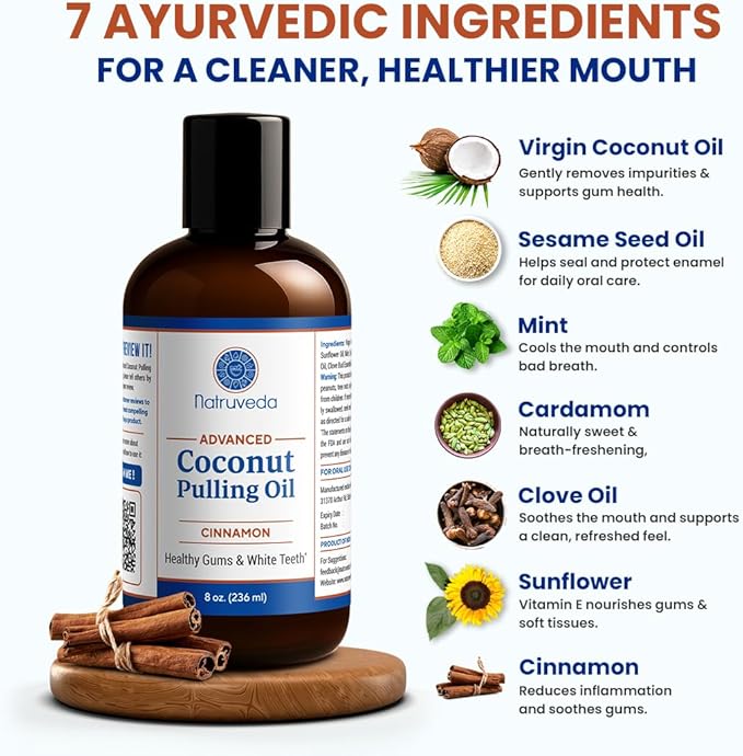 Cinnamon Coconut Pulling Oil, 8 oz | Advanced Ayurvedic Oil Pulling Mouthwash with Virgin Coconut Oil, Clove & Sesame | Alcohol-Free Oral Care | with 20g Herbal Toothpaste