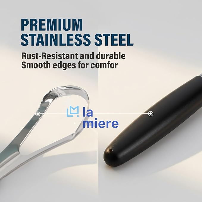 LA MIERE Tongue Scraper (2 Pack), 100% Stainless Steel, Easy to Use Tongue Scra per for Adults, Tongue Cleaner for Oral Care & Hygiene, Black