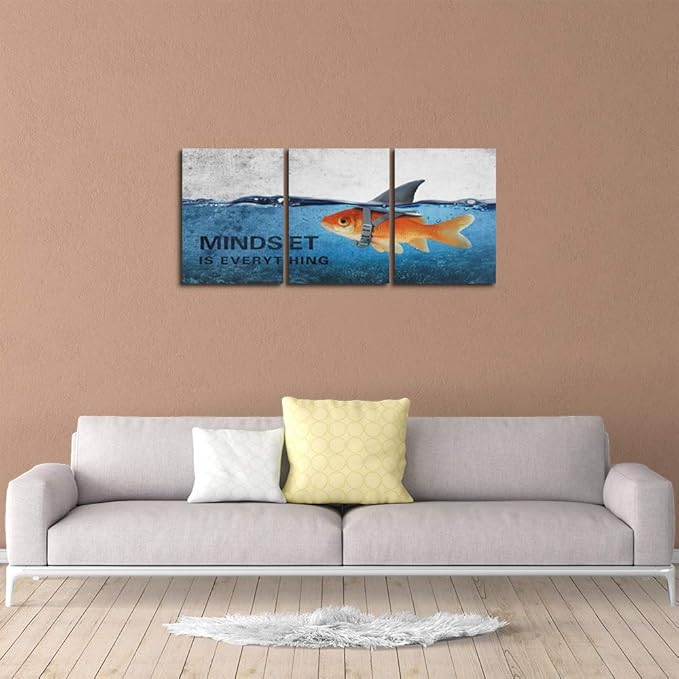 3 Panels Modern Framed Inspirational Canvas Wall Art Goldfish Body Strong Shark Heart Mindset is Everything Motivational Wooden Decor Posters for Office Gym Classroom Home Decoration(48''W x 24''H)-StrideForce Fitness