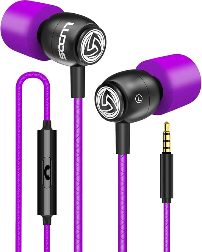 LUDOS Clamor Wired Earbuds in-Ear Headphones, 5 Years Warranty, Earphones with Microphone, Noise Isolating Ear Buds, Memory Foam for iPhone, Samsung, School Students, Kids, Women, Small Ears - Purple-StrideForce Fitness