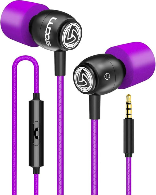 LUDOS Clamor Wired Earbuds in-Ear Headphones, 5 Years Warranty, Earphones with Microphone, Noise Isolating Ear Buds, Memory Foam for iPhone, Samsung, School Students, Kids, Women, Small Ears - Purple-StrideForce Fitness