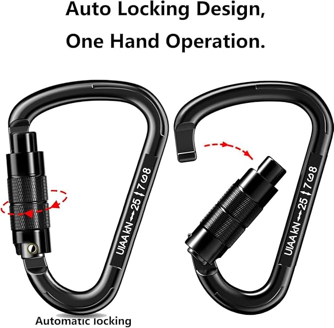 Auto Locking Carabiner Heavy Duty Carabiner 25kN UIAA Certified Climbing Carabiner Climbing Equipment Safety Carabiners for Rappelling, Hammocks, Rescue, Dog Leash, Swing-StrideForce Fitness