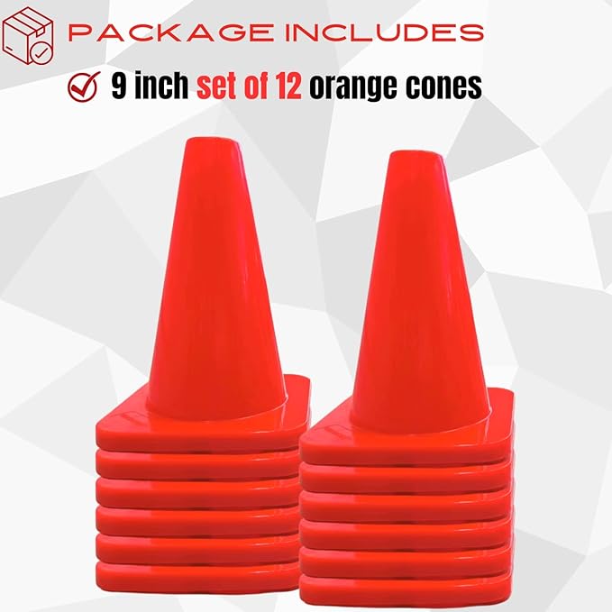 6, 9, 12, 18, 28 Inch Sports Training Traffic Cones - Durable Orange Cones for Soccer, Football, Basketball, Agility Drills, Parking, Safety, Road Use (Set of 12)-StrideForce Fitness