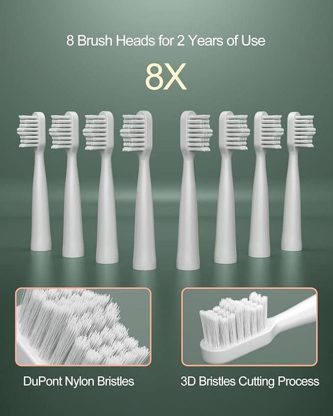 Upgrade Sonic Electric Toothbrush for Adults, 8 Replacement Brush Heads, Rechargeable Electric Toothbrush with 2-Minutes Timer IPX7 Water-Proof, for Indoor & Outdoor, White & Green Gradient