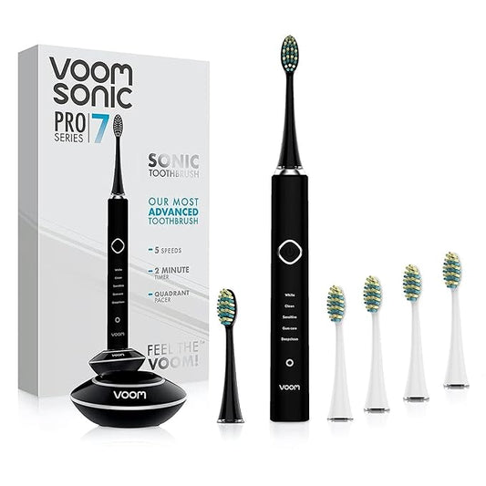 Voom Sonic Pro 7 Rechargeable Electronic Toothbrush + Pro 7 Series Replacement Brush Heads - 2-Minute Timer with Quadrant Pacing & 5 Adjustable Speeds,Soft Dupont Nylon Bristles Oral Care - Black